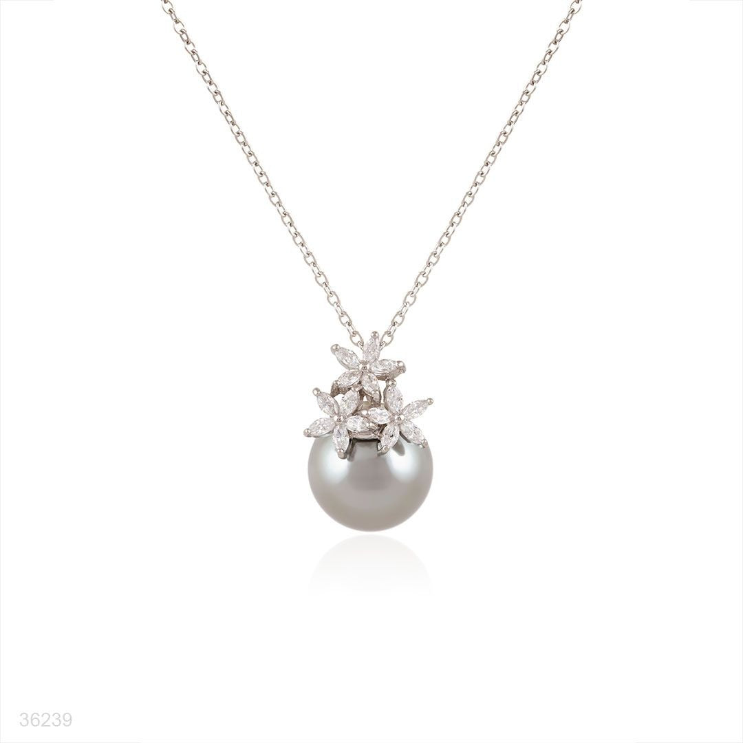 PENDANT ZIRCON FLOWER, SILVER/CLEAR GRAY PEARL